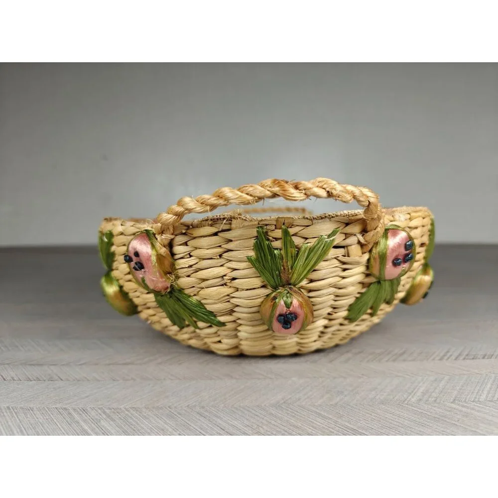 Vintage Woven Raffia Straw Round Casserole Basket With Fruit Accents Handles